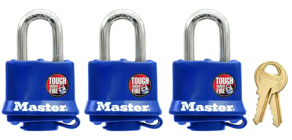 Master Lock 40mm-Wide Covered Laminated Steel Keyed Padlocks with 27mm Shackles, Blue, 3-pk
