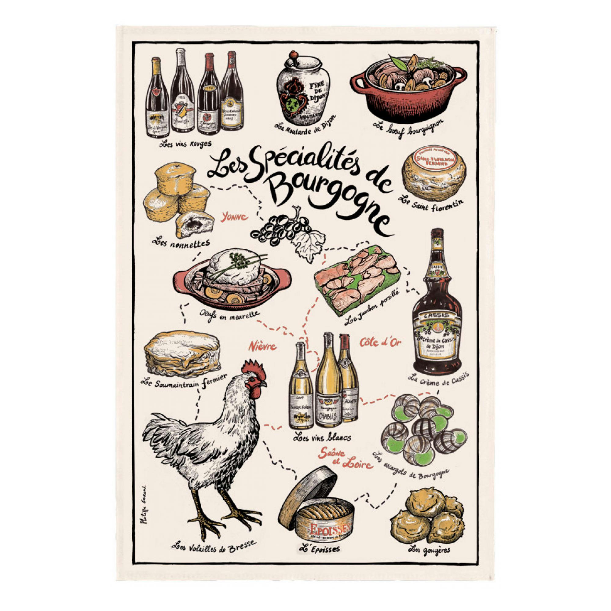 BOURGOGNE - Torchon imprimé specialites de  en coton ecru 48 x 72