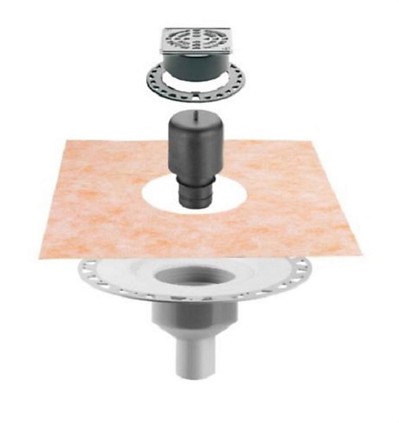 Kit complet évacuation KERDI-DRAIN INDOOR - sortie horizontale - Débit d'évacuation: 0,4 l/s (24 l/min).- siphon   grille/cadre