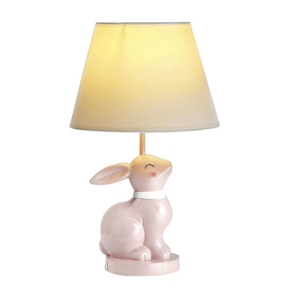 APOLLINE - Lampe lapin en céramique rose abat-jour blanc