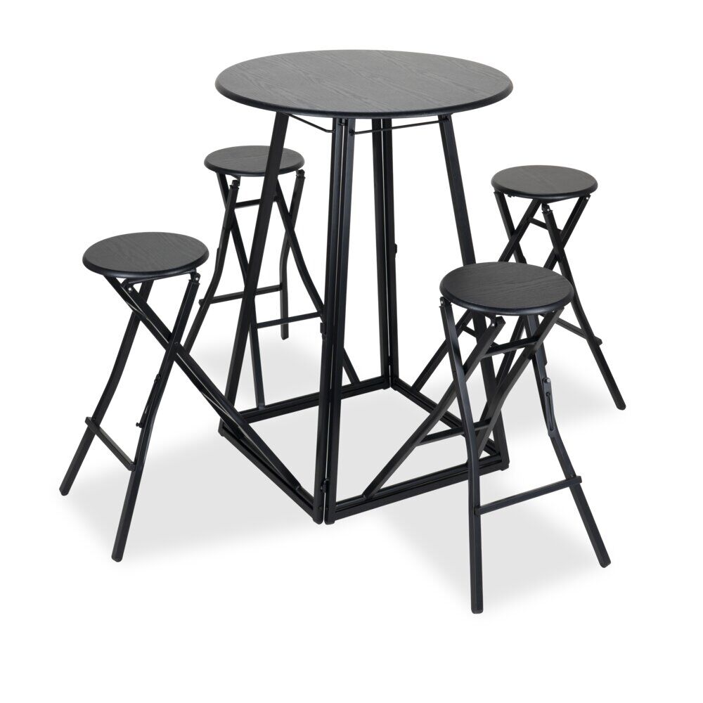 Table de bar haute avec 4 chaises à déplier métal et bois noir Ø105xH170cm