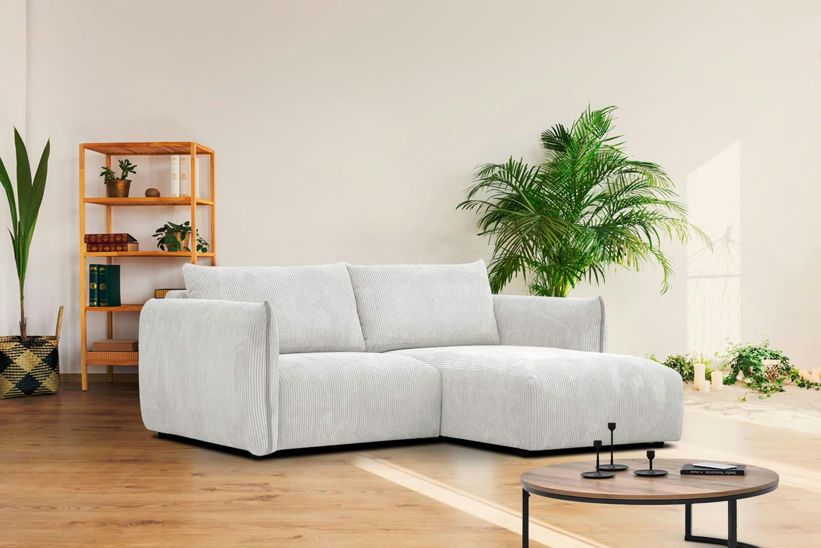 TAUER - Canapé d'angle droit 3 places tissu beige