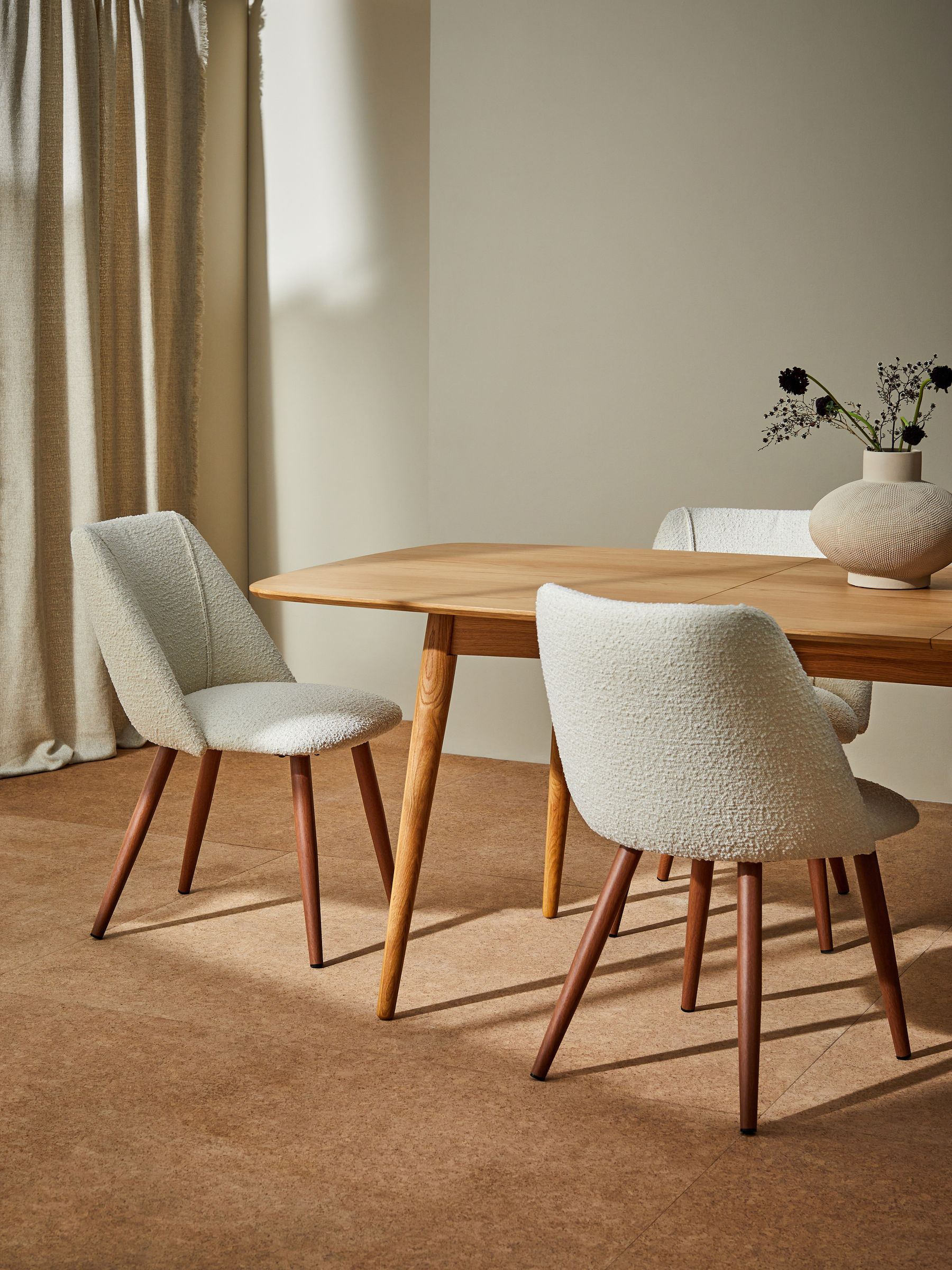 Set of 2 Lule Non Arm Dining Chairs in White Boucle and Walnut Effect Legs