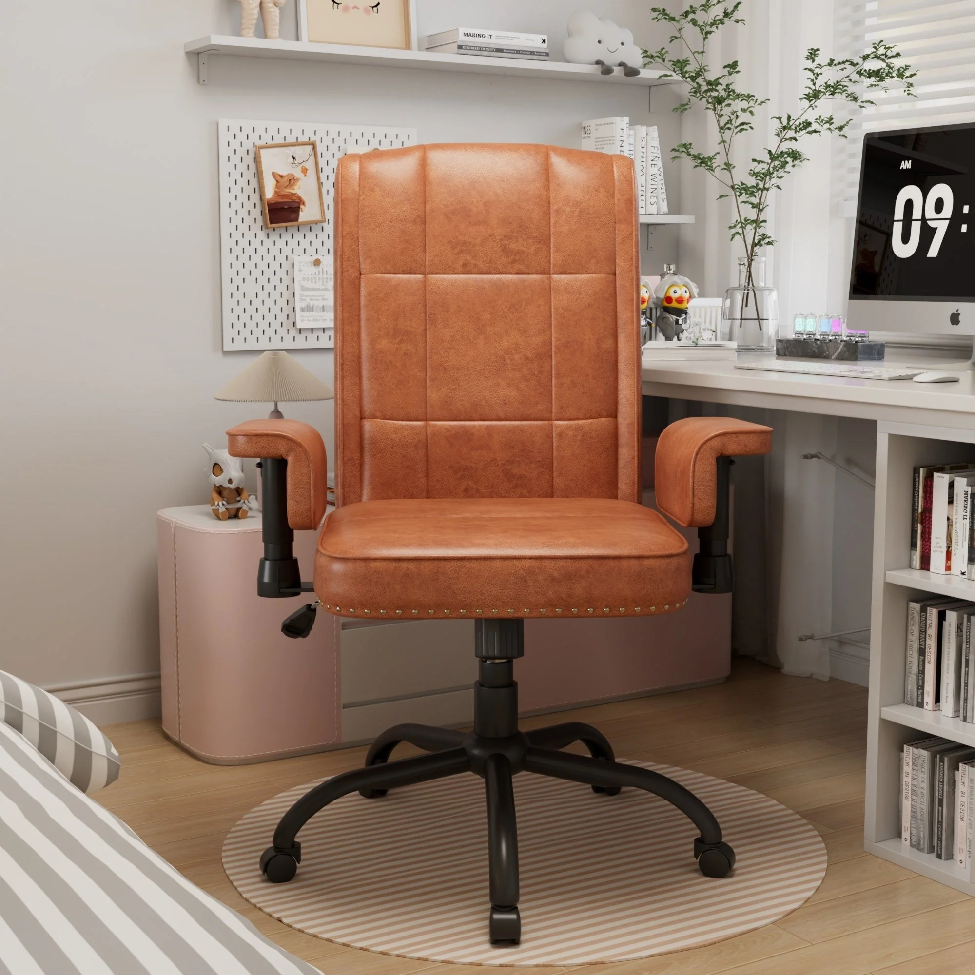 Pu Leather Home Office Desk Chair, Adjustable Desk Chair Office Chair Computer Chair Ergonomic Mid Back with 360°Swivel