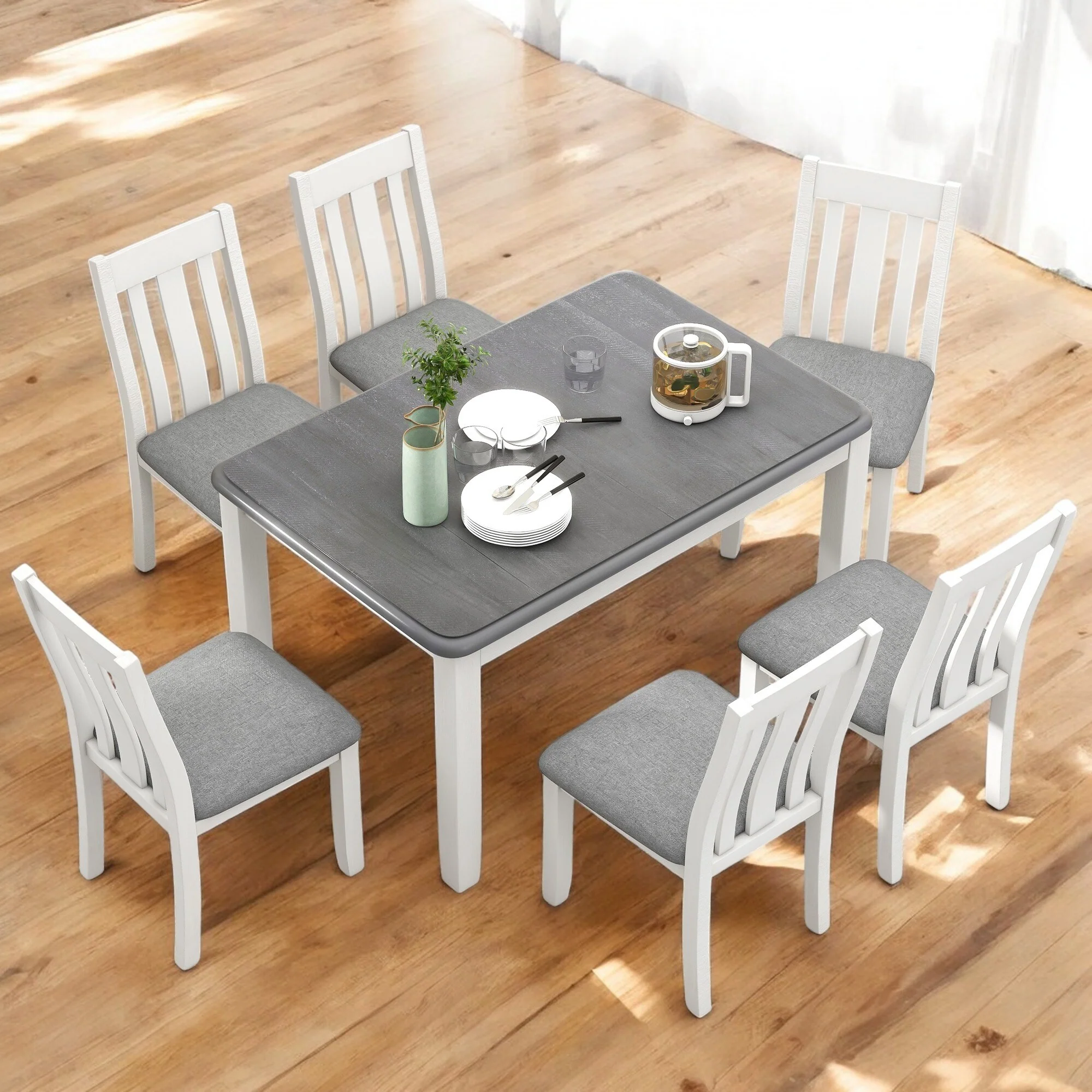 7-Piece Retro Extendable Dining Table Set with 6 Upholstered Chairs - Solid Wood & Distressed Finish for Dining Room and Kitchen