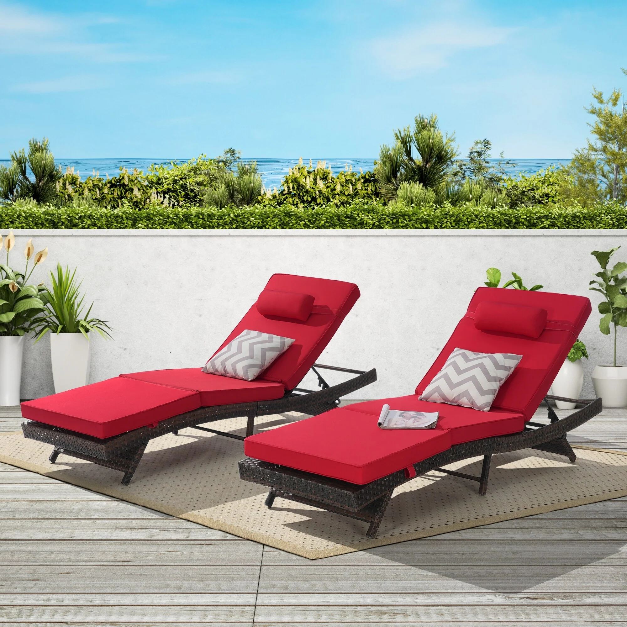 2 Pcs Outdoor Wicker Lounge Recliner Chair Set of 2, Rust-Resistant Patio Sunbathing Chairs with 5 Adjustable Positions
