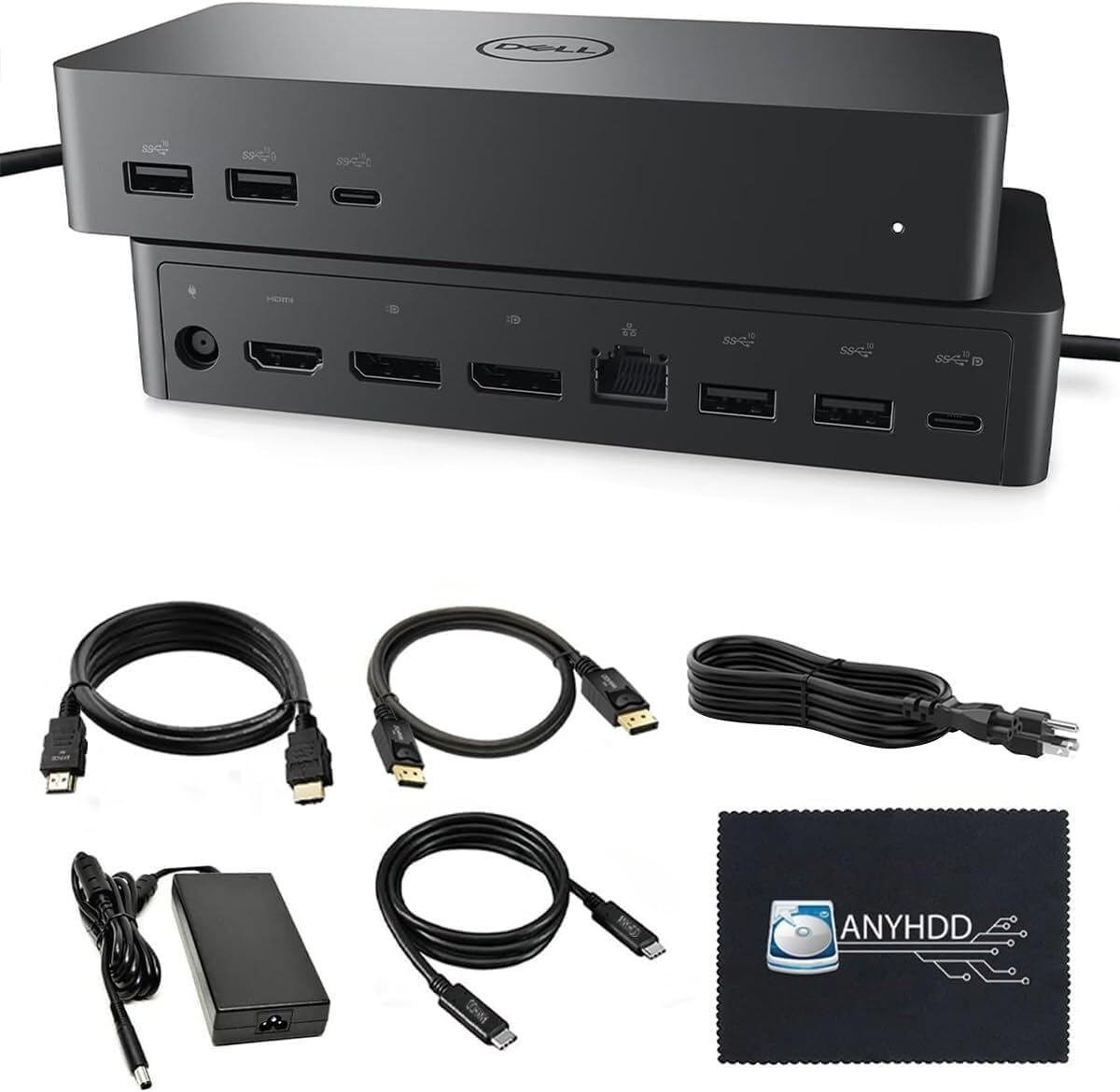 UD22 Dell Docking Station Dual Monitor Bundle - USB-C/USB-A Universal Dell Dock for Laptops Comes with 130W Adapter + Anyhdd HDMI  DisplayPort  USB-C Cables & Cloth - Supports Dual/Triple/4 Monitors
