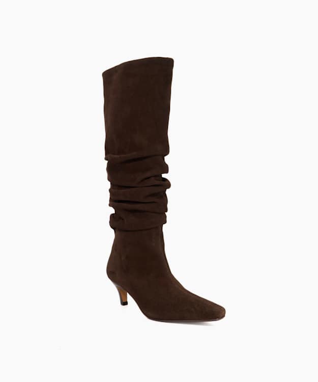 Saunders Brown - Ruched Suede Knee High Comma Heel Boots