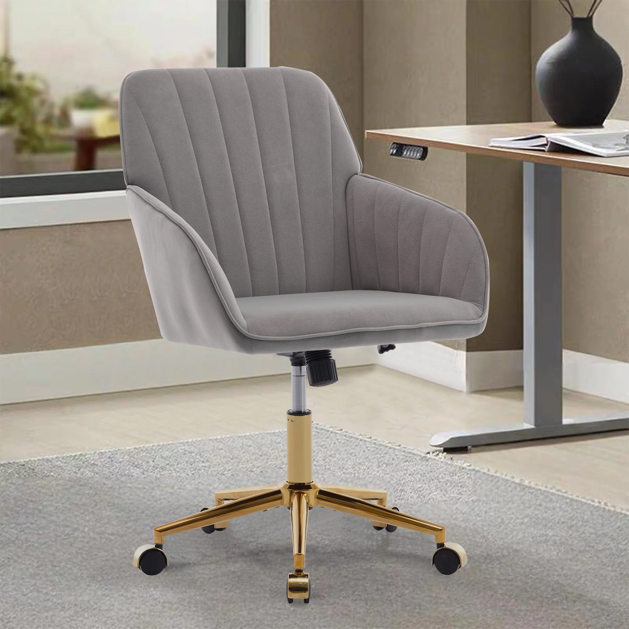 Adjustable Velvet Office Chair with Wheels, Ergonomic Swivel Study Desk Chair, Upholstered Task Chair with Backrest Seat - N/A