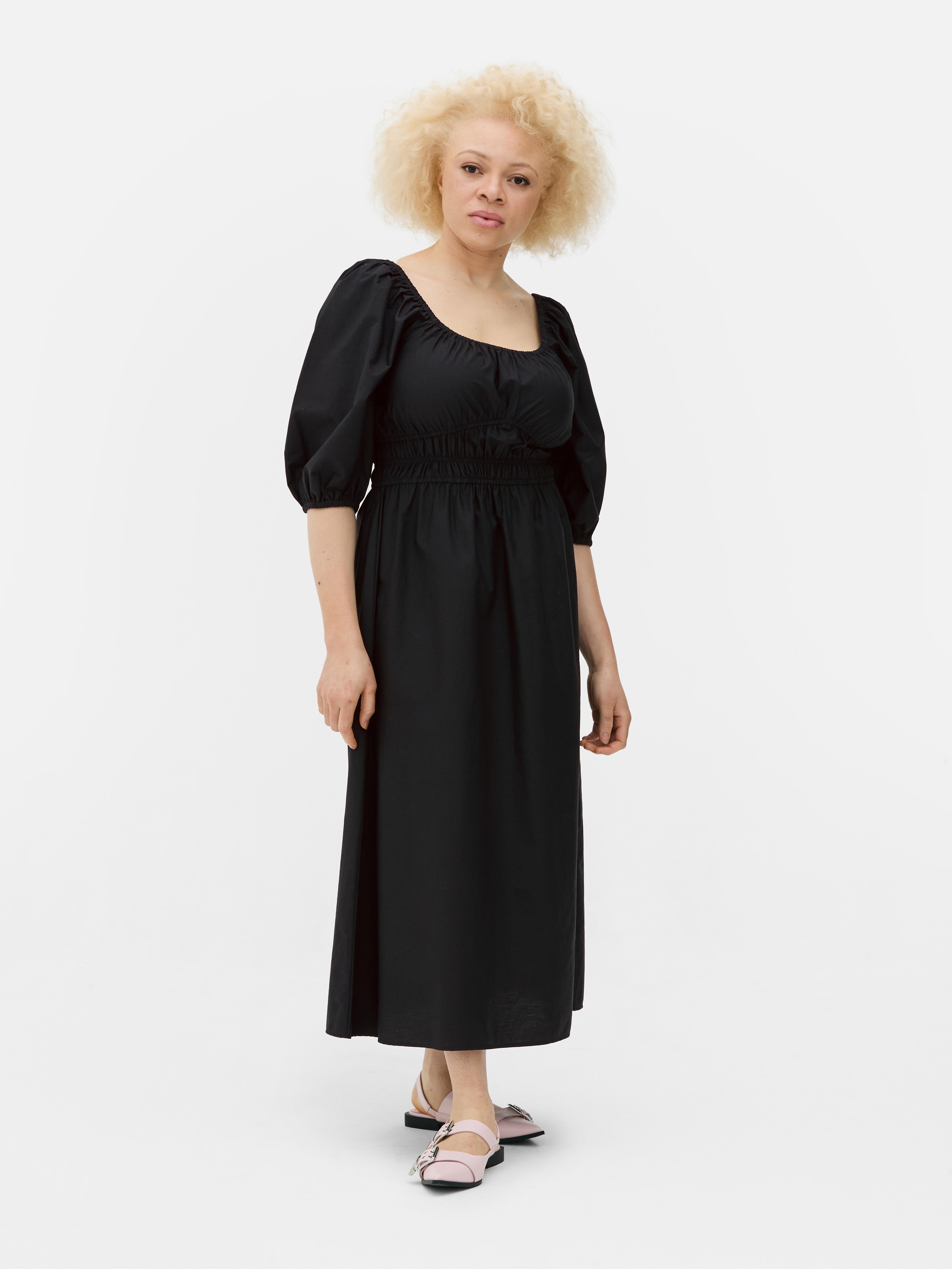 Poplin Shirred Midi Dress