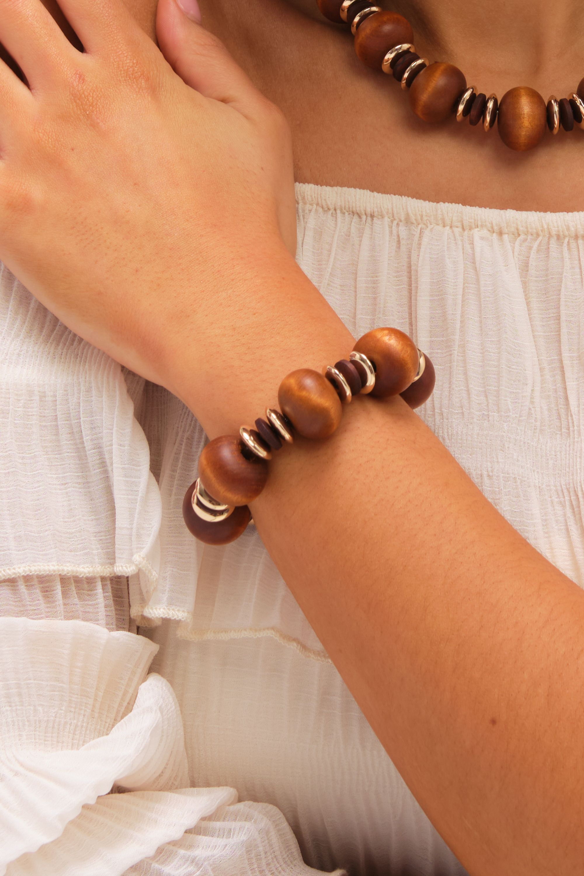 Mood Gold Plated and Wood Orb Stretch Bracelet