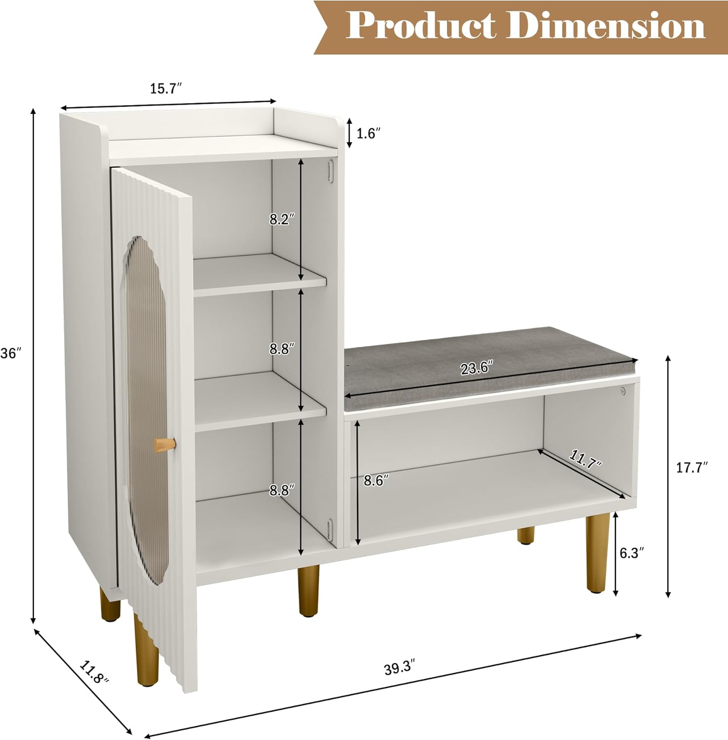 HLR Storage Bench with Glass Door&Shelf, Modern Entryway Shoe Cabinet Bench with Padded Seat, L-Shaped Storage Cabinet for Hallway, Bedroom, Living Room, Office, White