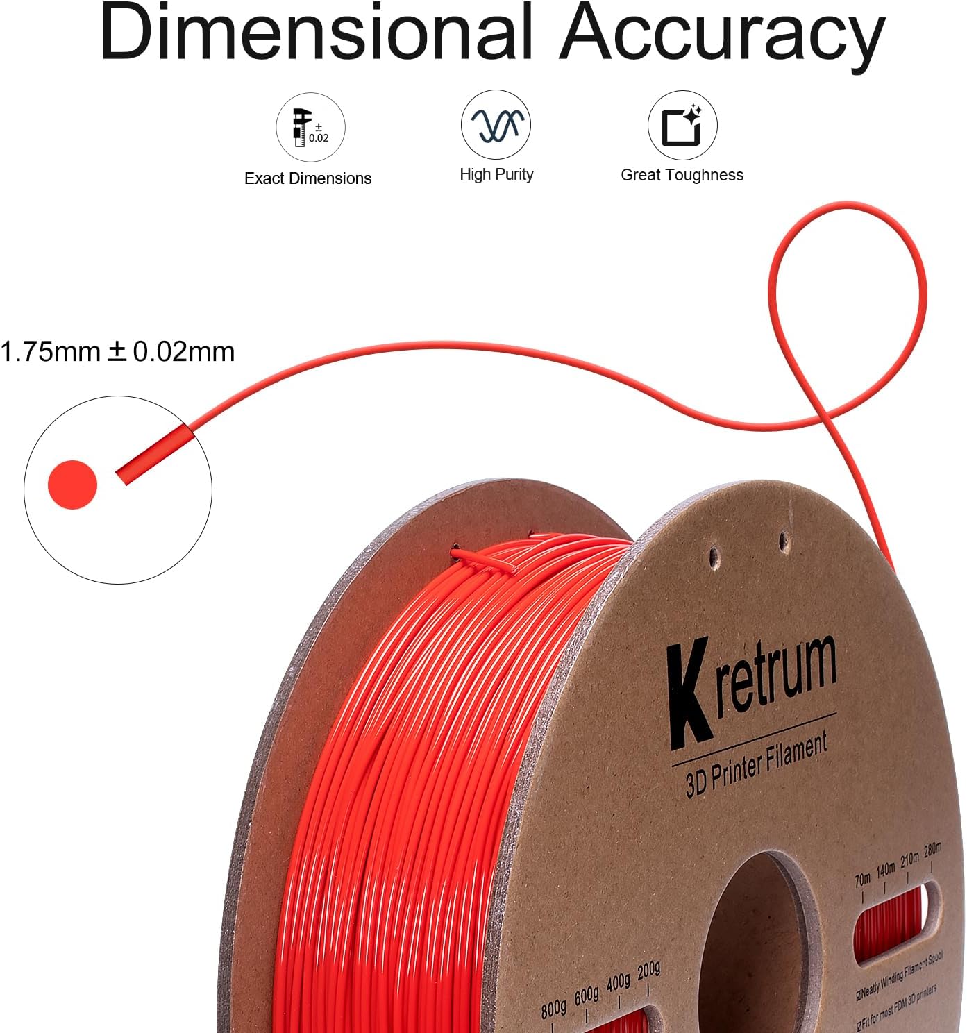 Kretrum PLA Filament 1.75 mm 3D Printer Filament Dimensional Accuracy +/- 0.02 mm 1 KG 2.2 lbs Cardboard Spool 3D Printing Filament Fits for Most FDM 3D Printers Red