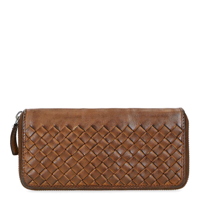 Manfield Cognac leren portemonnee met gewoven structuur