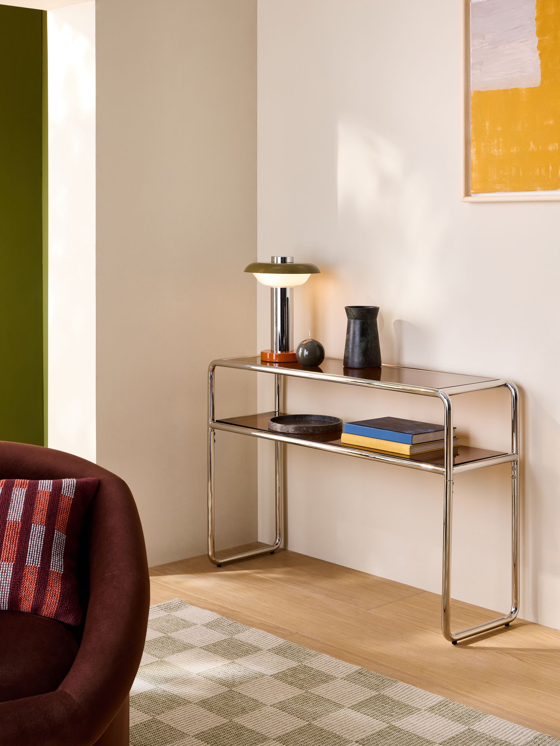 Dunston Console Table in Amber Glass and Chrome