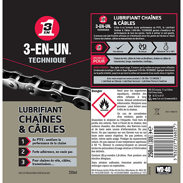 Lubrifiant Chaîne &Câbles 3-EN-UN TECHNIQUE 250ml
