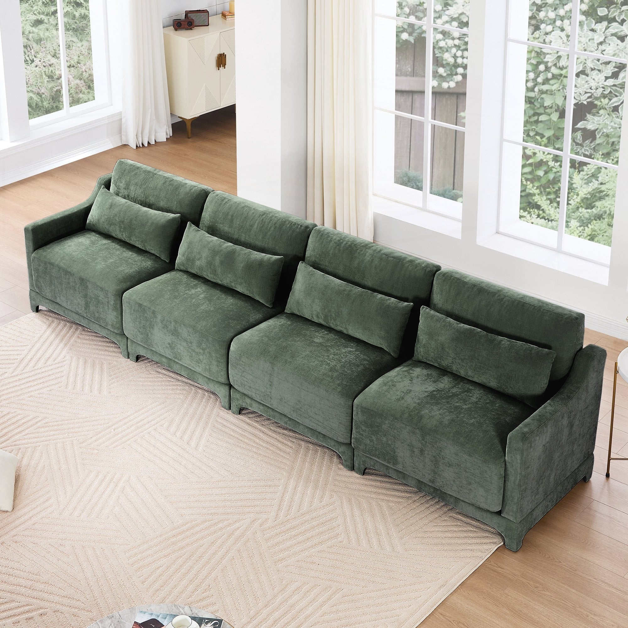 Four seater chenille sofa with lumbar pillow