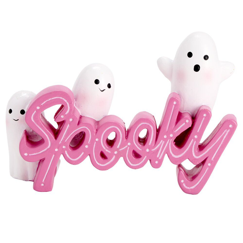 Décoration Halloween fantômes mignons spooky résine rose et blanc 10x15cm