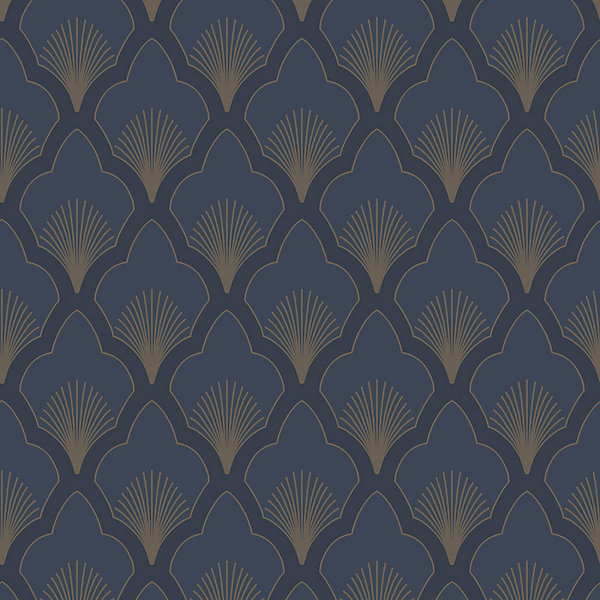 Papier peint vinyle intissé art déco bleu marine, doré L.1000 x l.53cm GoodHome, Aspelta