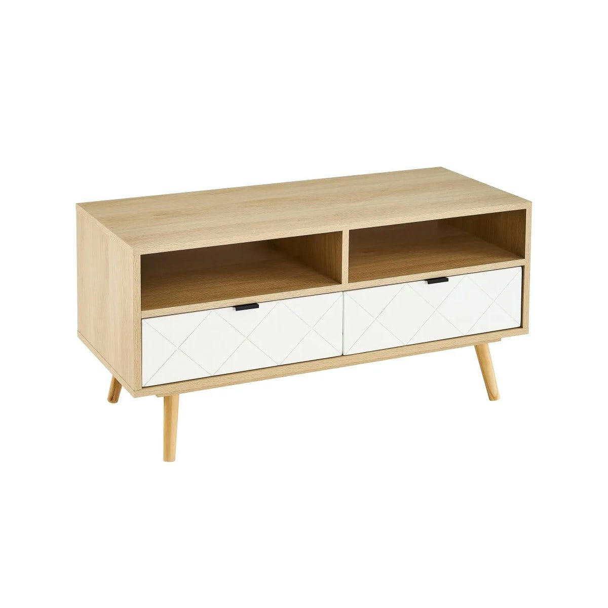 - Meuble de télévision bois et blanc 2 tiroirs losanges 91,5x39x48cm