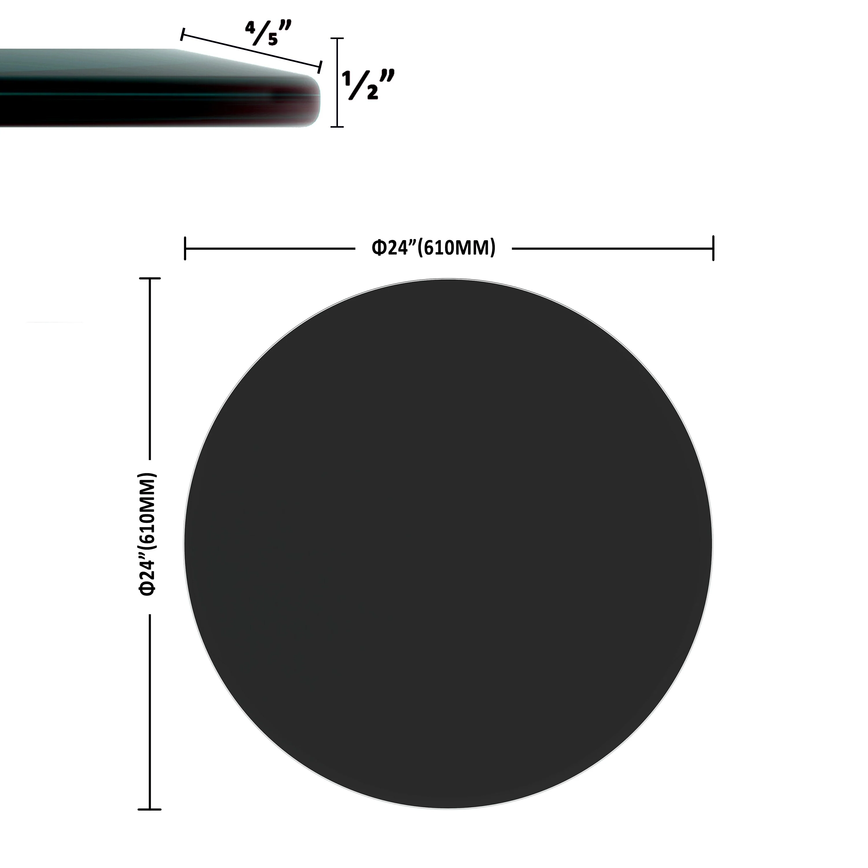 24 Inch Round Tempered Glass Table Top black Glass 1/2 Inch Thick Beveled Polished Edge