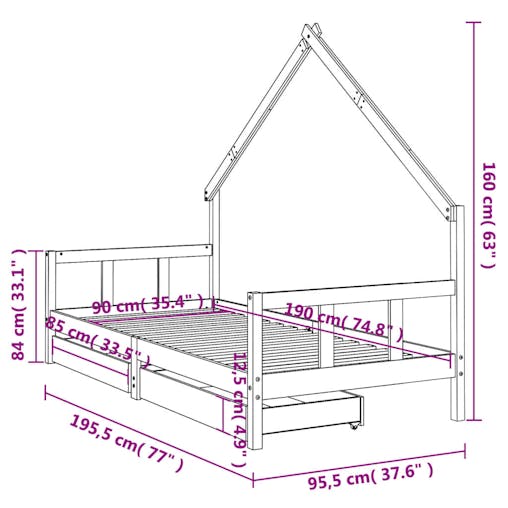 NNEVL Kids Bed Frame with Drawers 90x190 cm Solid Wood Pine
