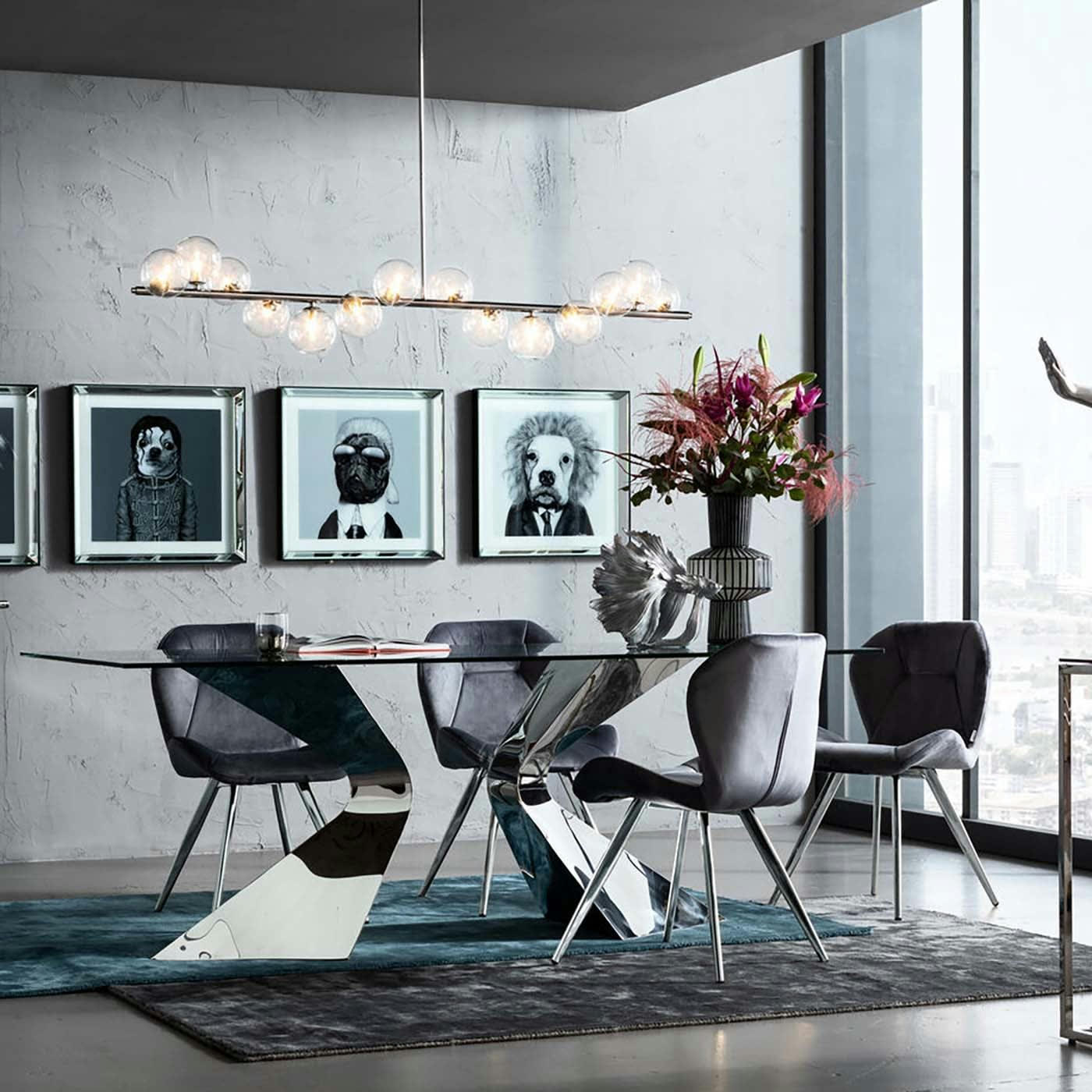 VIVA - Chaise rétro en velours gris et acier chromé