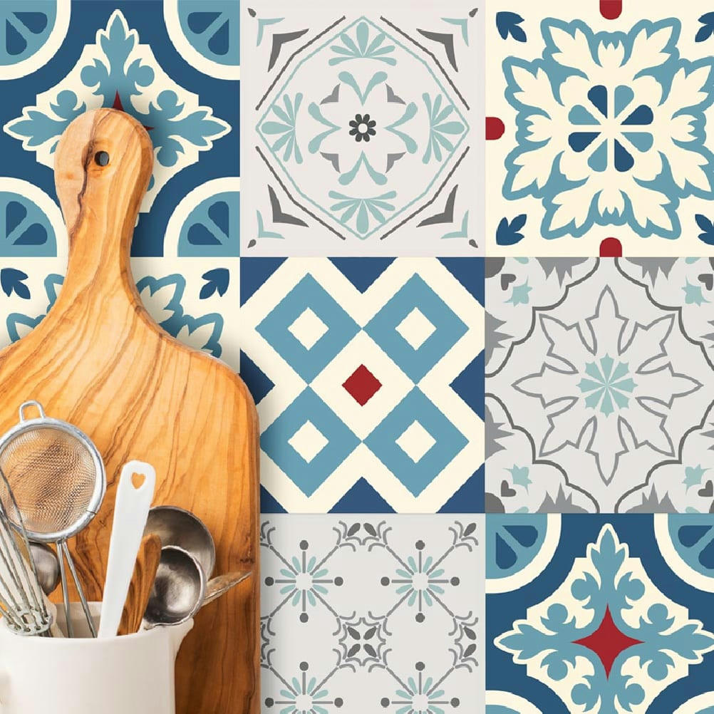 CARREAUX - 6 stickers carreaux de ciment gris et vert 15x15cm