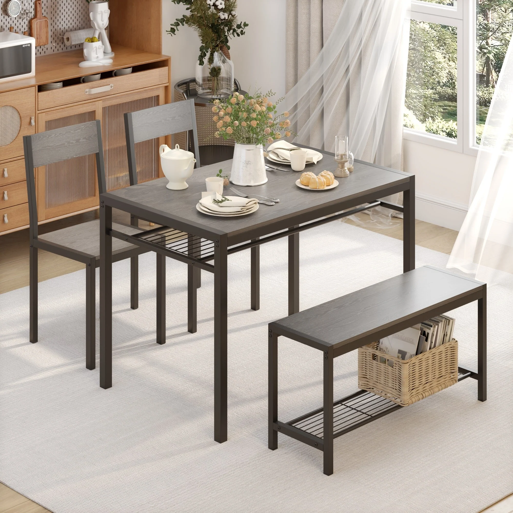Space-Saving Dining Table Set for 4-6 People with Storage Shelf and Bench, Ideal for Living Room and Dining Room