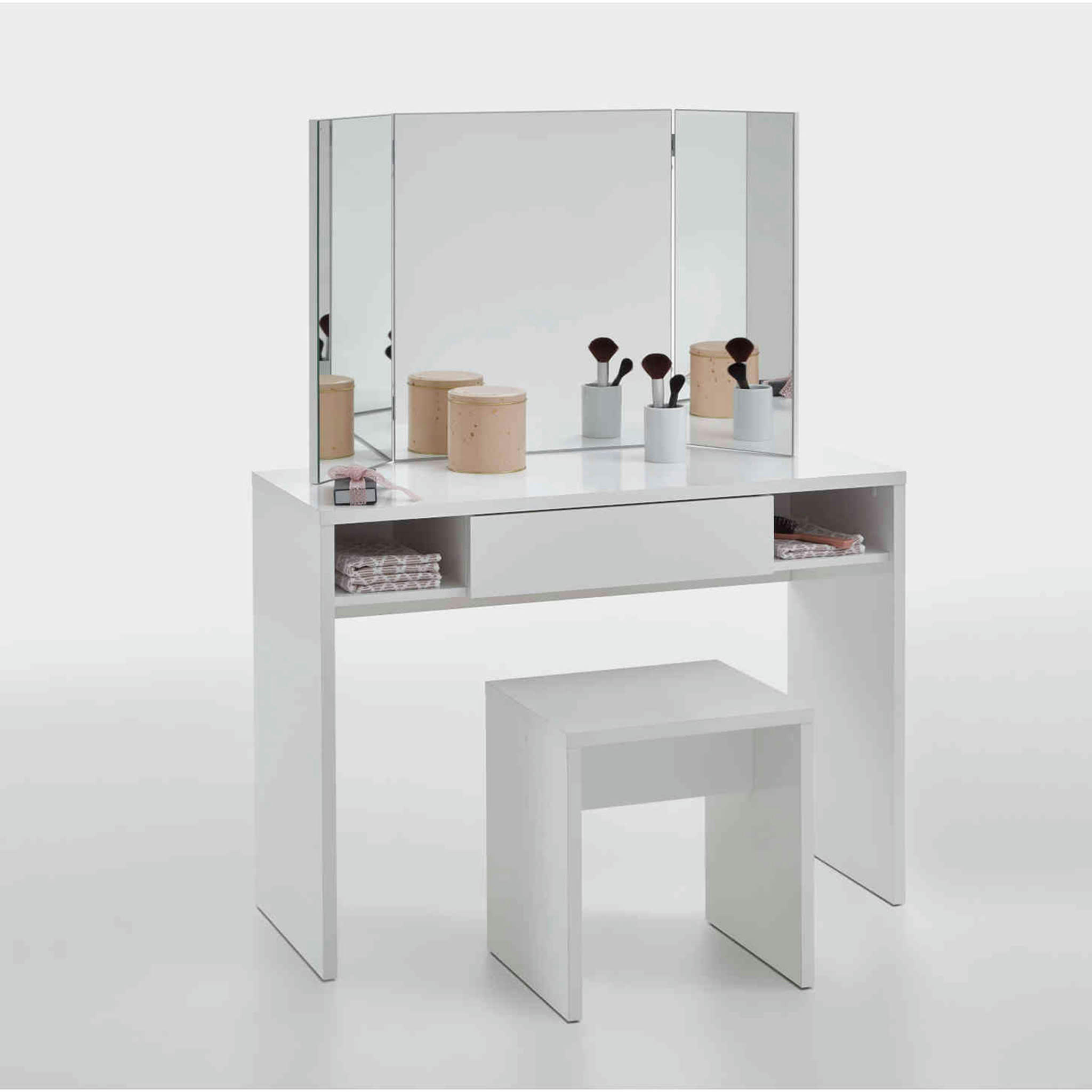 - Coiffeuse avec miroir et rangements, tabouret