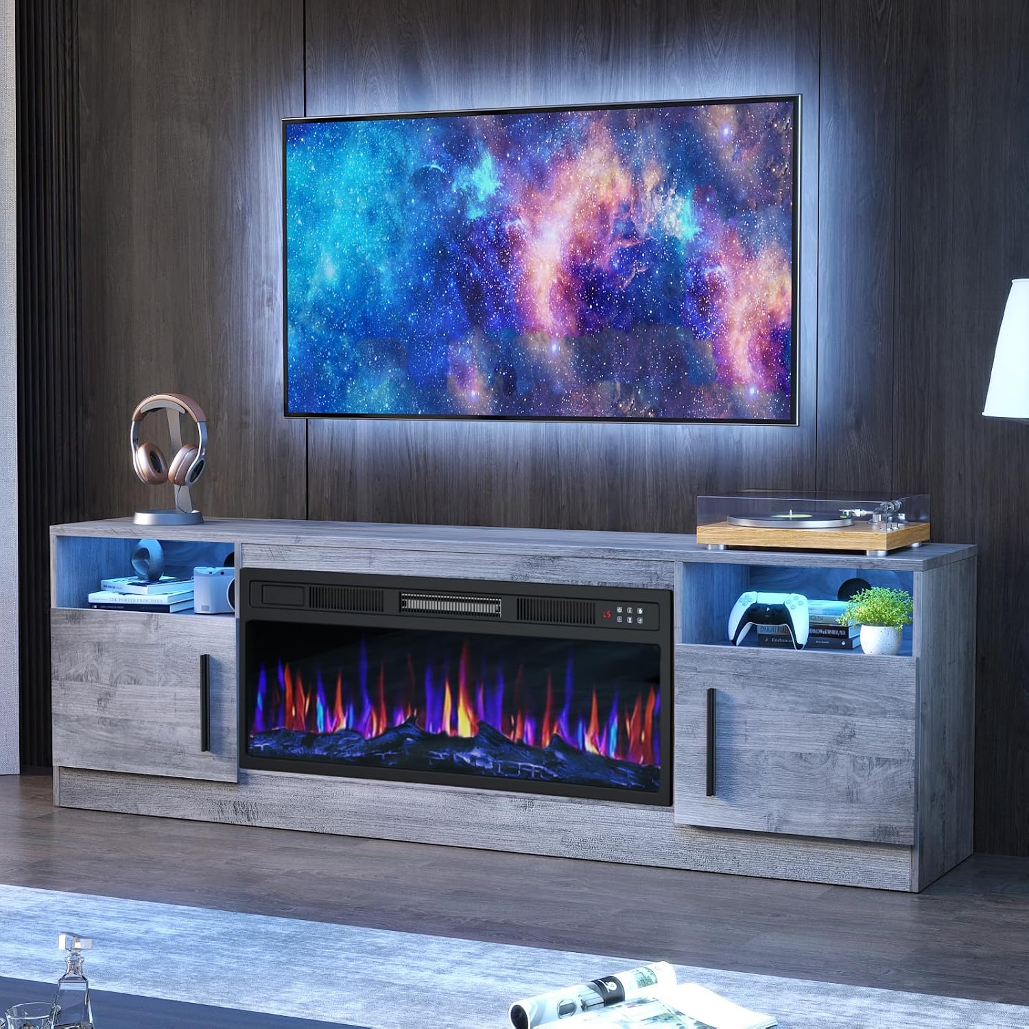 Fireplace TV Stand with 36 Fireplace Up to 80 TVs, 70 Entertainment Center with LED Lights, Remote Control, TV Media Console with Storage Cabinets for Living Room, Gray