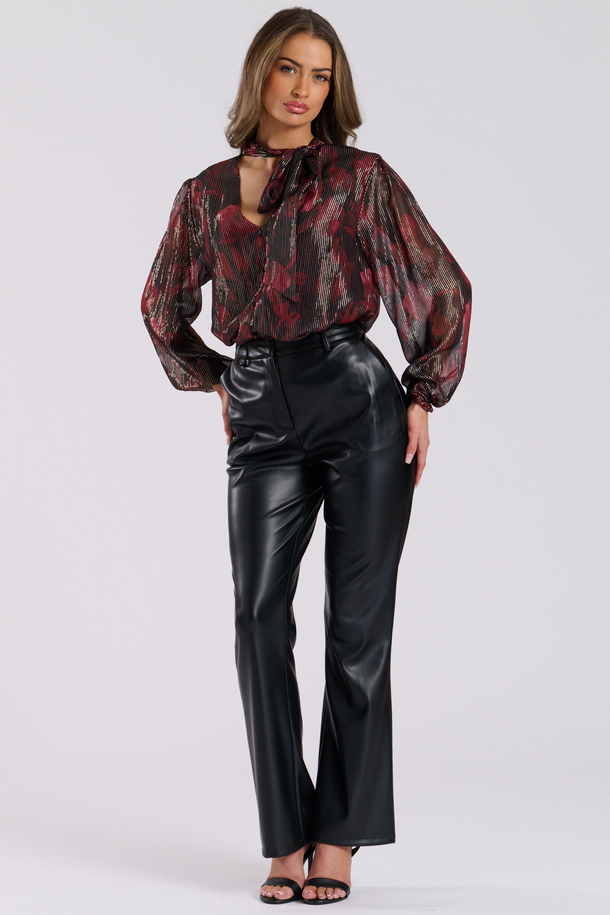 Finding Friday Printed Metallic Long Sleeve Blouse With Tie Neck