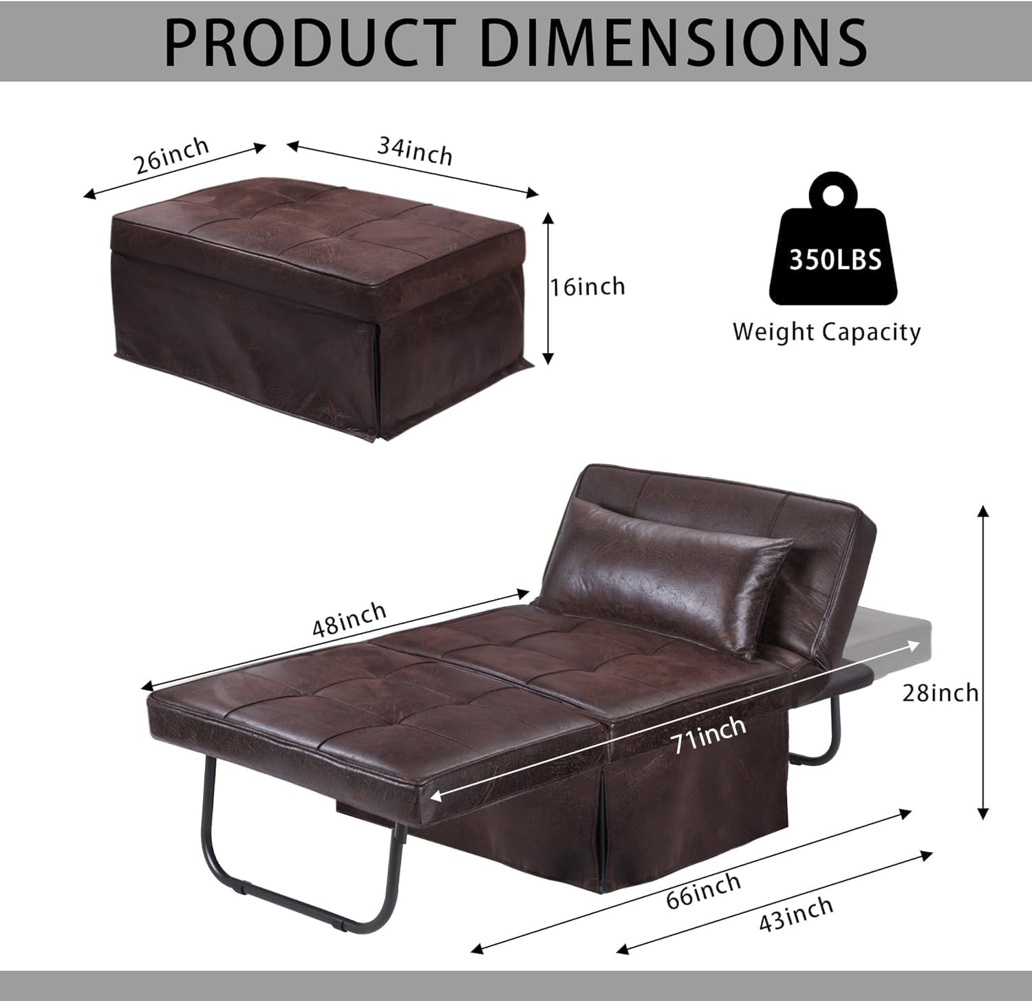 BIGSYY Sofa Bed, Set of 4 in 1 Multi-Function Folding Ottoman Breathable Linen Couch Bed with Adjustable Backrest Modern Convertible Chair for Living Room Apartment Office, PU Imitation, Brown