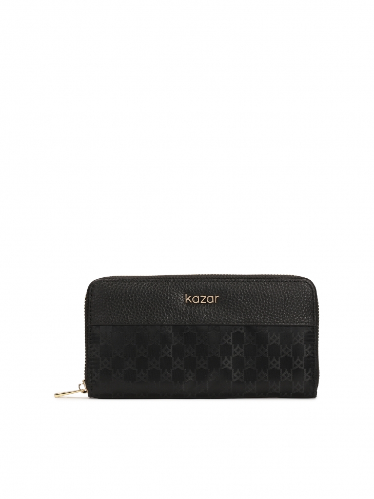 Black zip wallet with embossed KAZAR monograms