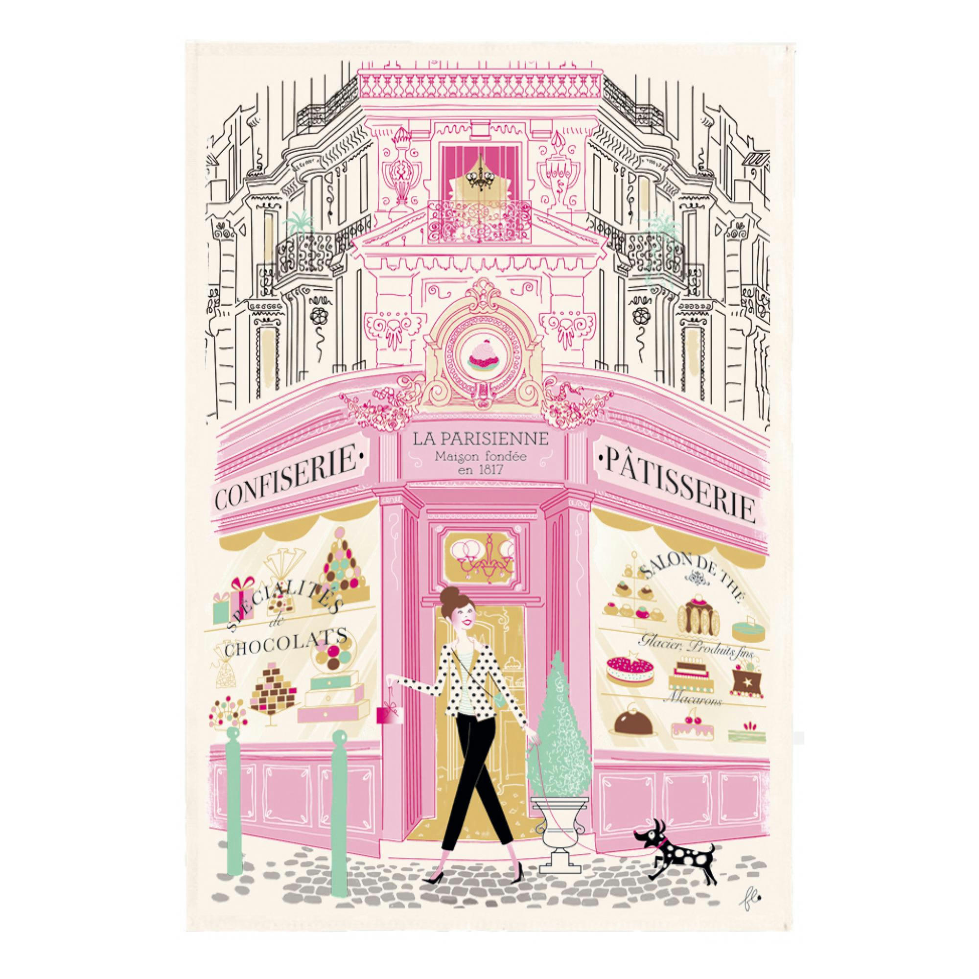 GASTRONOMIE ET VIN - Torchon imprimé façade patisserie en coton ecru 48 x 72