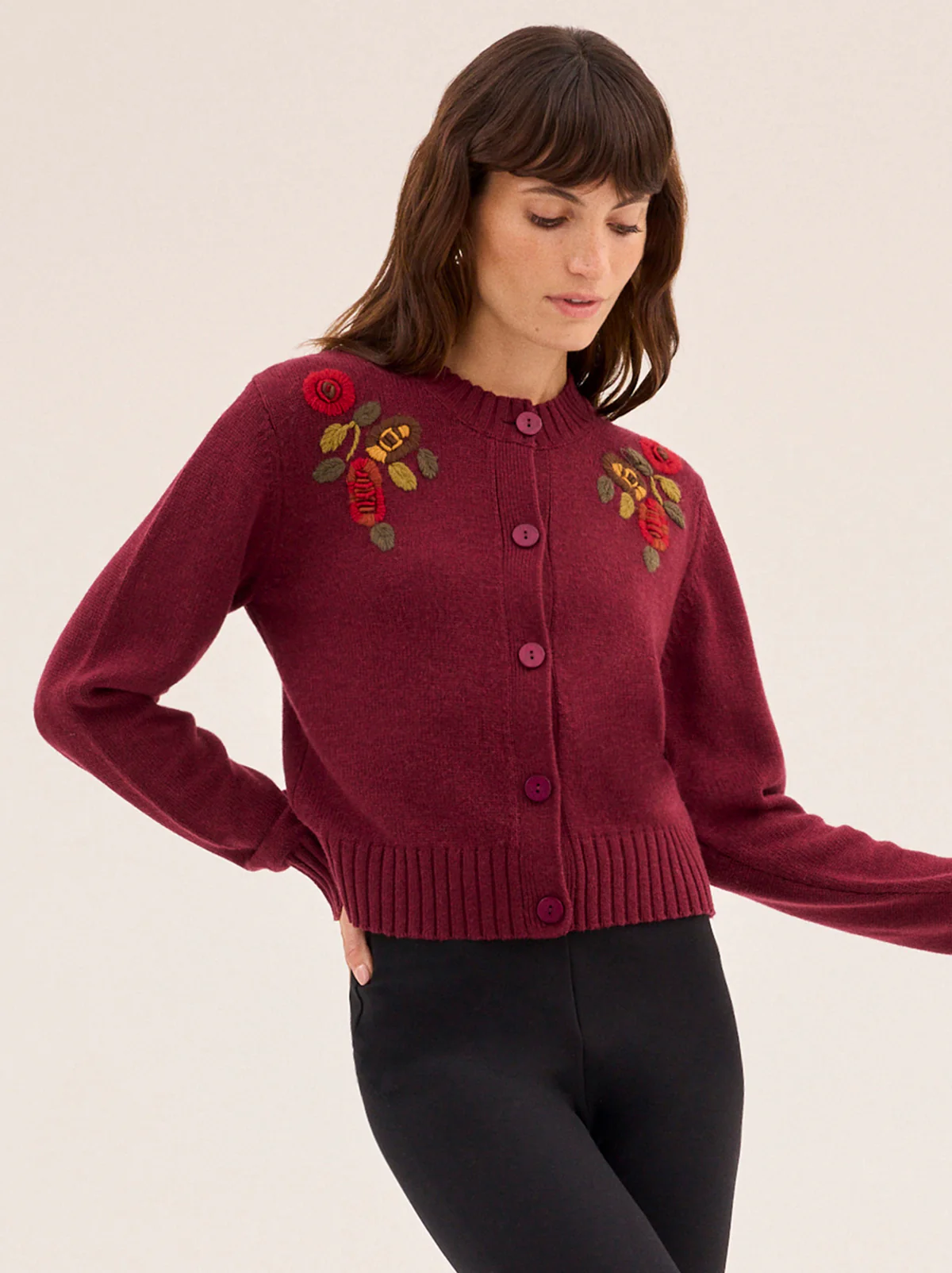 Isla Burgundy Hand-Embroidered Cardigan