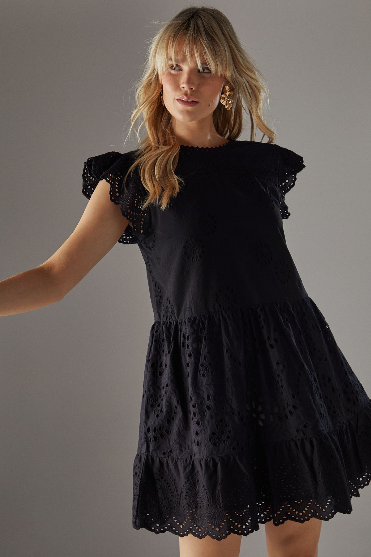 Warehouse Broderie Mix Tier Mini Smock Dress