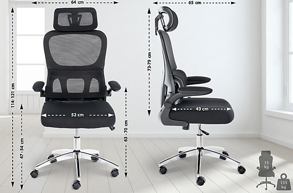 Chaise de bureau Overton, ergonomique, accoudoirs rabattables, pivotant, basculant Noir