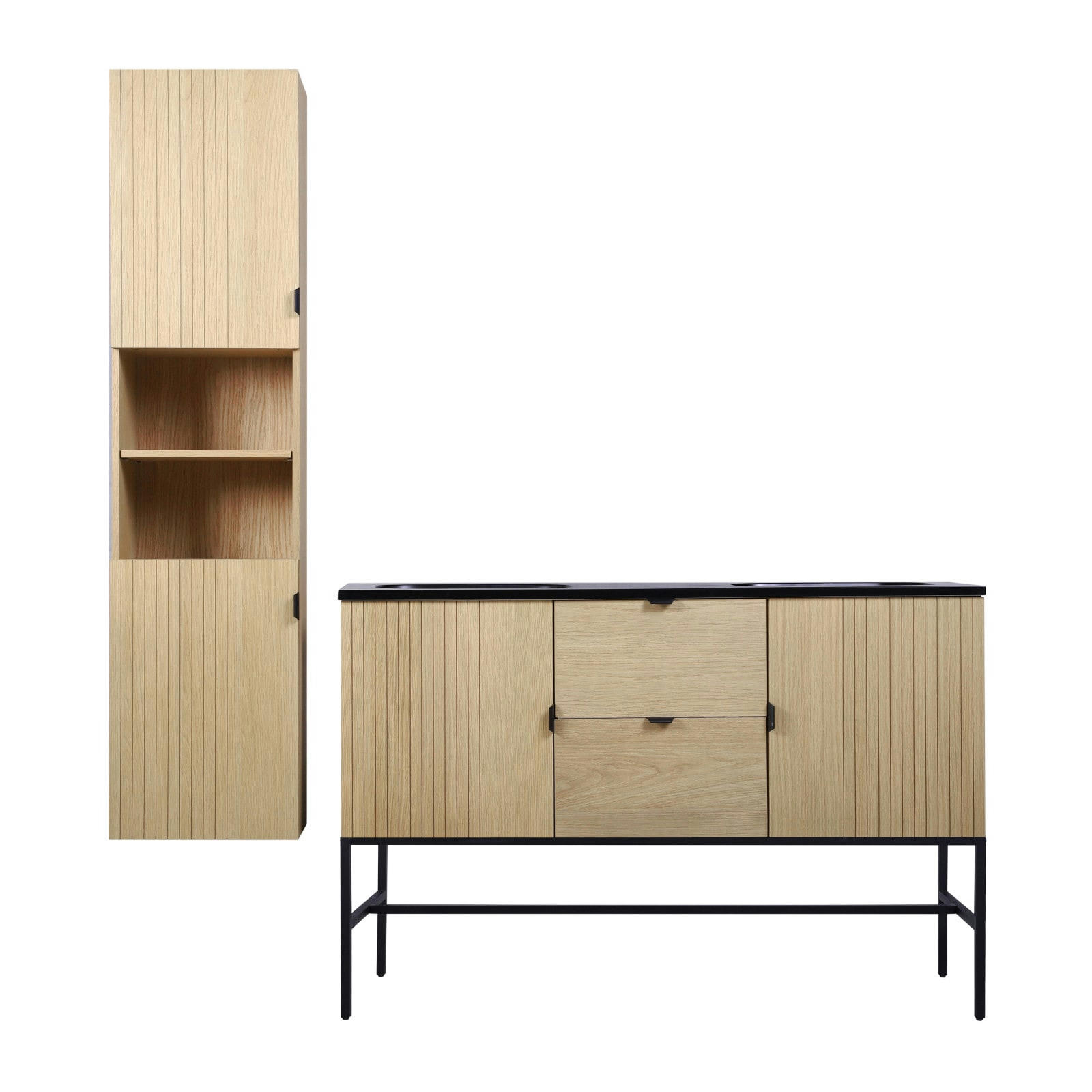 STUDIO - Meuble double vasque 140cm chêne STUDIO sur pieds + colonne