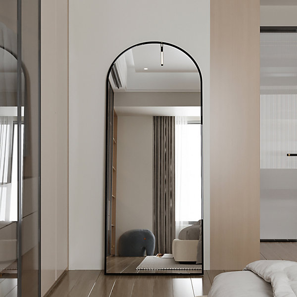 Miroir pleine longueur Arqué 180x80 cm, Grand Miroir Sur Pied, sur pied ou mural, cadre aluminium doré, Noir