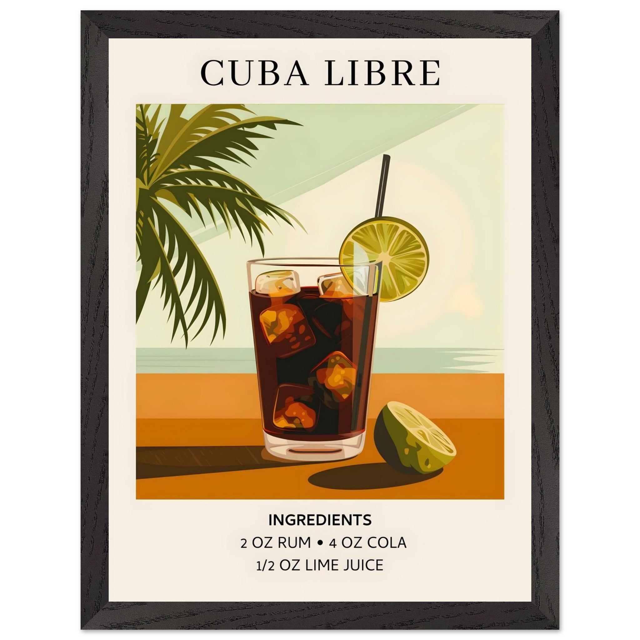 Artfulprints Poster met Lijst Cuba Libre cocktail - Ingrediënten  - 30x40 cm - Bruin