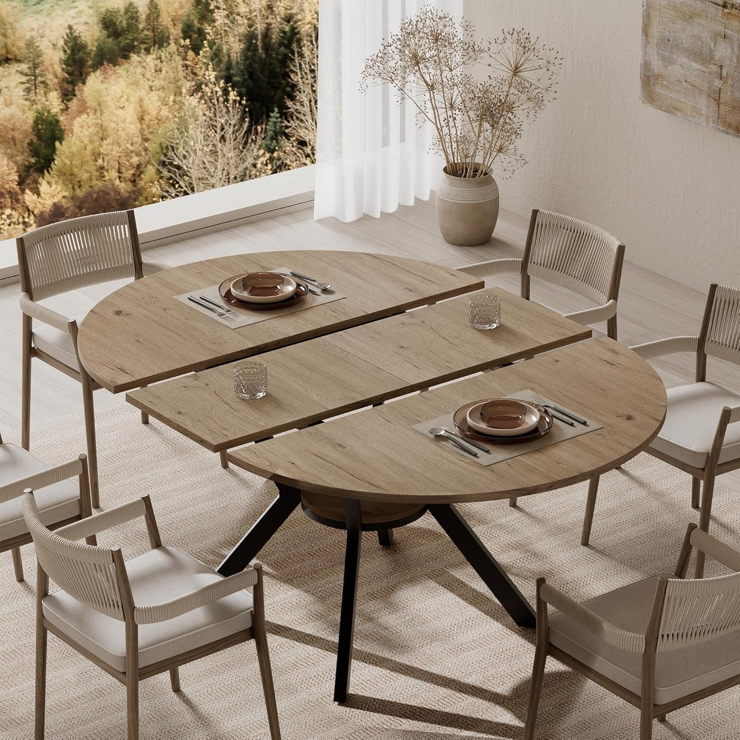 42-58 Extendable Round Dining Table with Built-in Flip Leaf, Modern Oval Kitchen Table for 4-6, Space-Saving Small Room Furniture with Storage Shelf and X-Shaped Metal Base