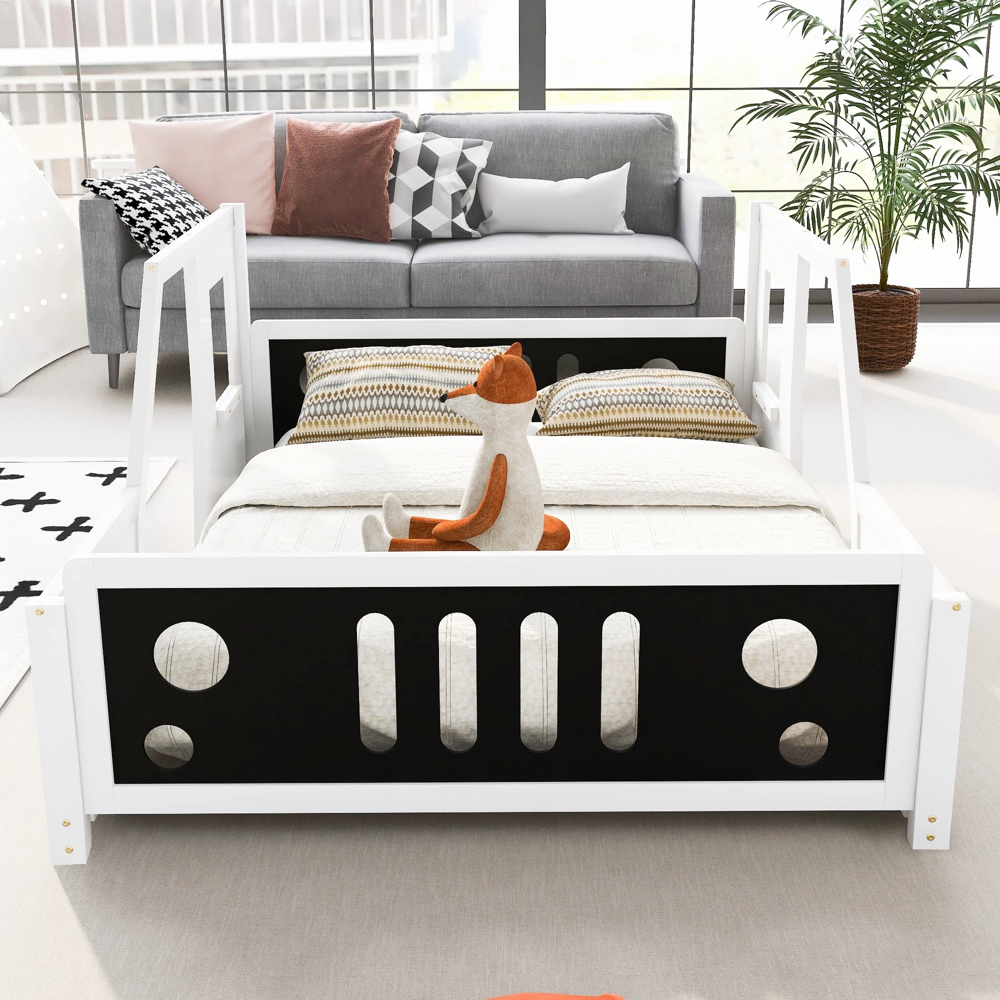 Full Size White Wood Classic Car-Shaped Platform Bed