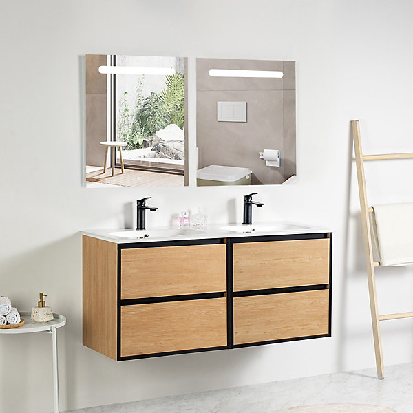 Pack Meuble prémonté 120 bois détail noir-Vasque céramique-Robinets noir-Miroirs RIMA - bain-bain
