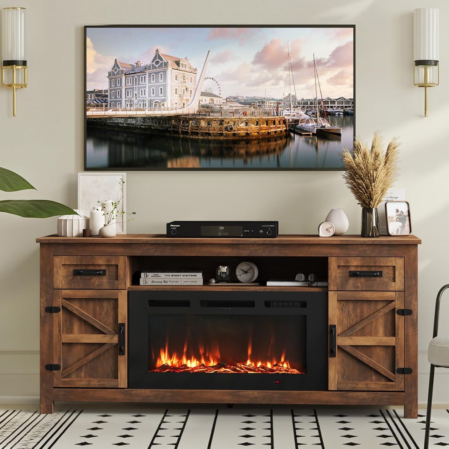 Fireplace TV Stand, 70 Farmhouse TV Stand with Barn Door for 80 TVs, Entertainment Center with Black Fireplace & Storage, Brown