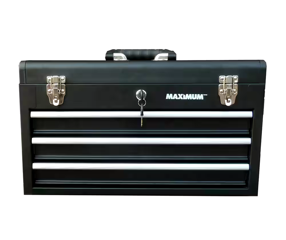 MAXIMUM Portable Metal Tool Box w/ 3- Drawers, Black, 21-in