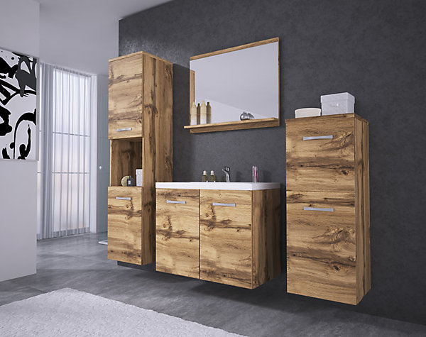 MINIO go for it, Ensemble de meubles de salle de bains 4 pièces Set MOLO, avec lavabo, couleur chêne Wotan