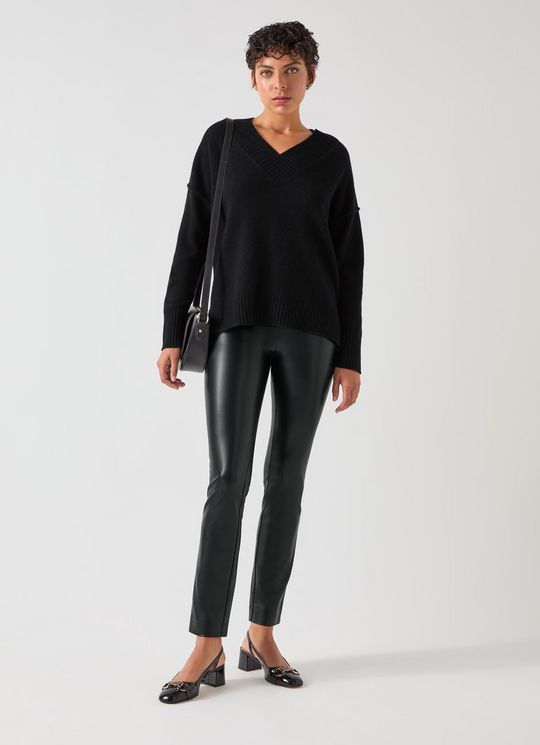 Cara Black Wool Blend Wide V-Neck Warm Long Sleeve Jumper