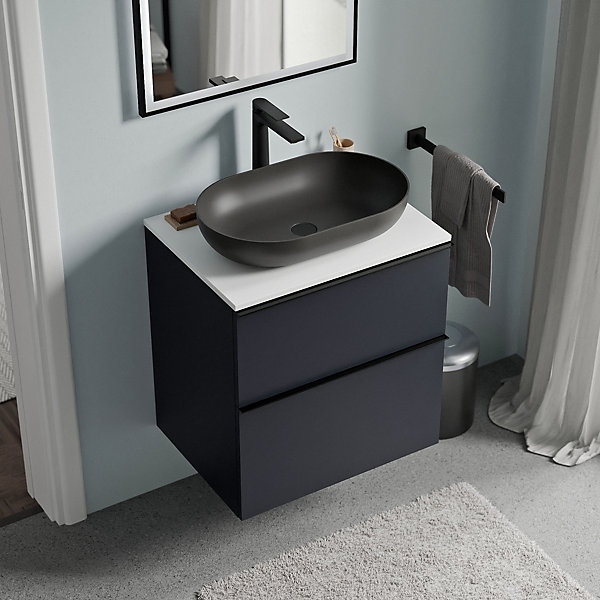 Meuble sous vasque suspendu MDF Bleu nuit mat, plan vasque Blanc mat, poignée Noir mat - 60x46x62cm - LAVOA