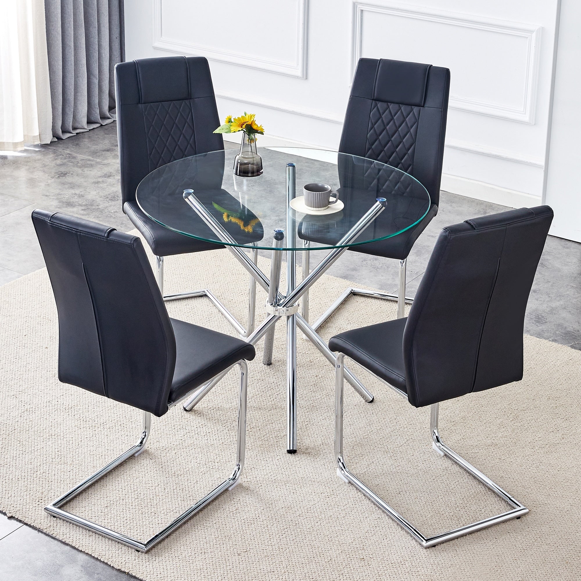 Modern Style 5-Piece Dining Set with Round Clear Glass Table and 4 Upholstered High Back Dining Chairs